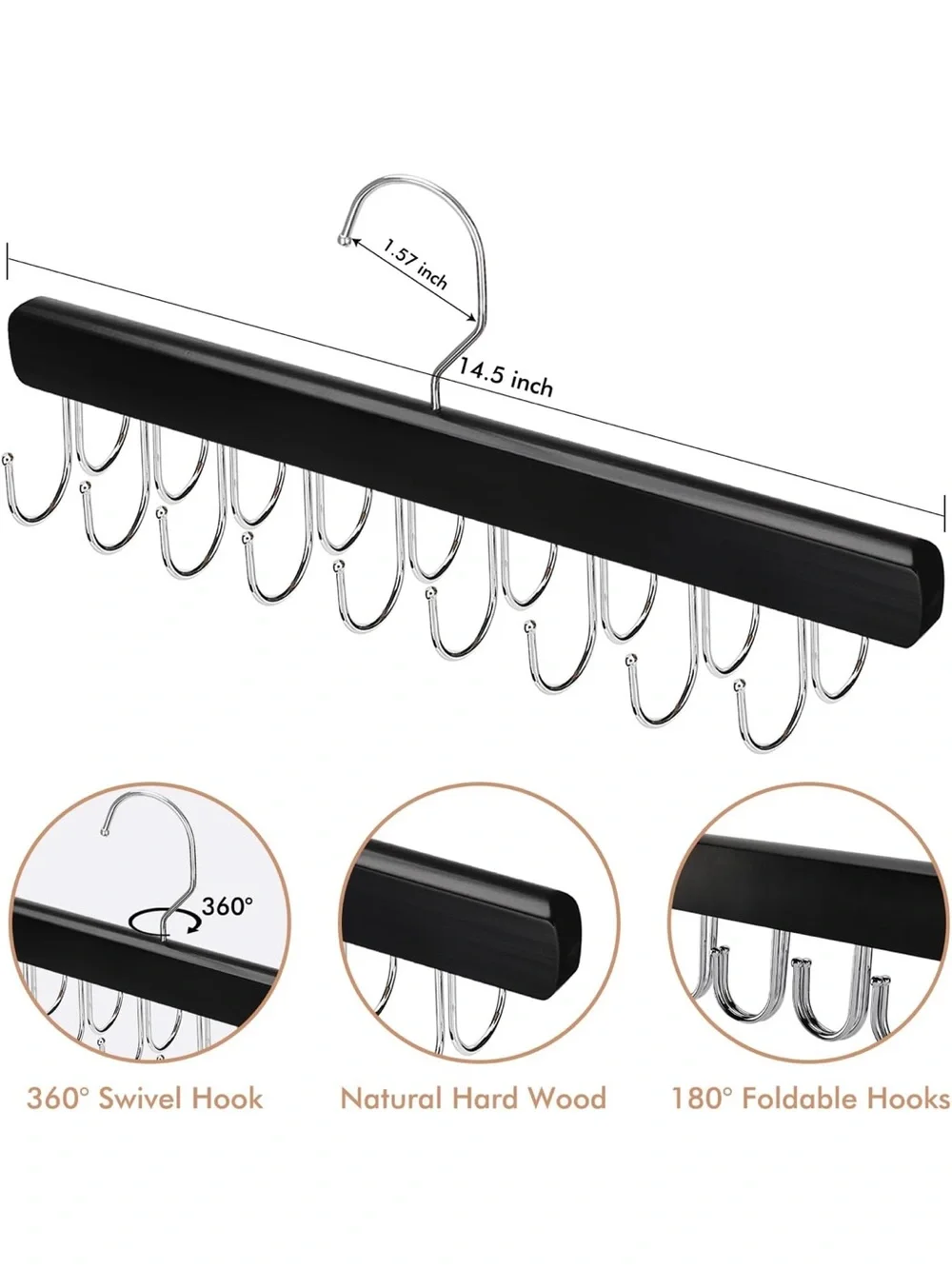 NWT Two Wooden Hangers with 18 Foldable Hooks each, 360° Rotating Design